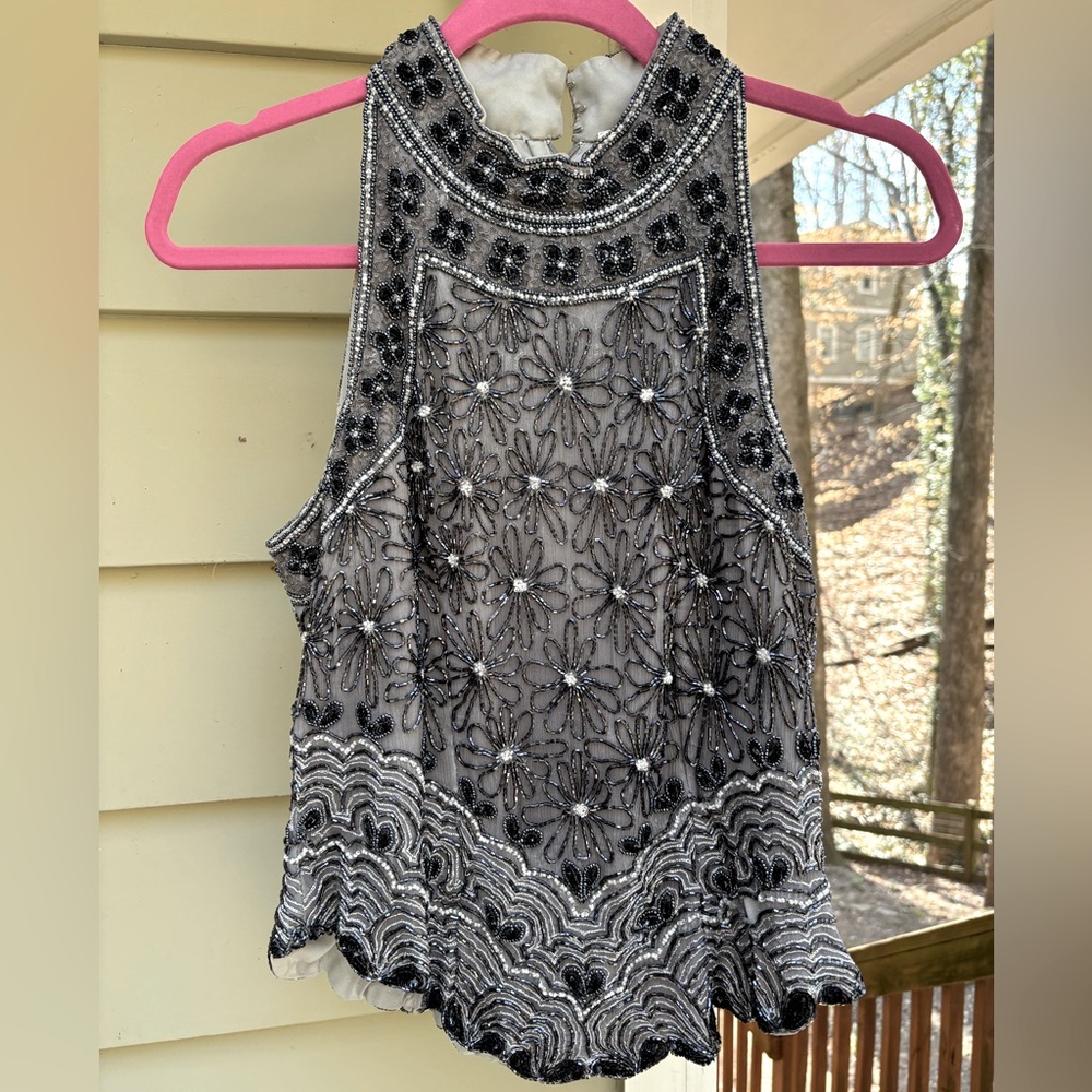 Papell boutique evening Top beaded silver gray black